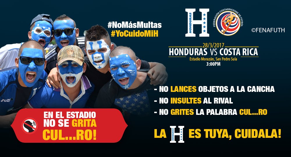 FENAFUTH pide a la afición cero insultos para evitar multas en partido Honduras – Costa Rica 